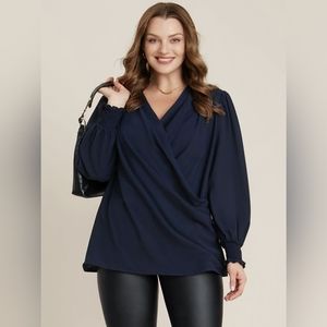 Solid Surplice Neck Shirred Blouse